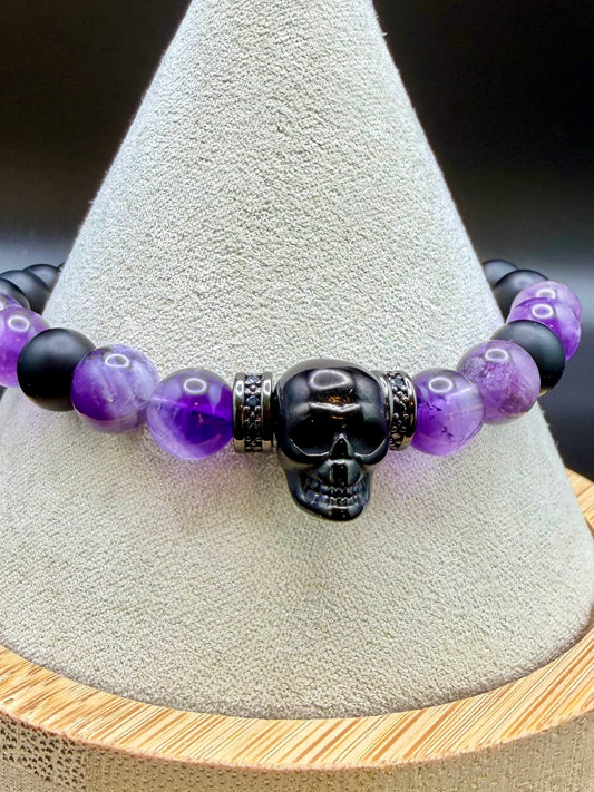 Amethyst Guardian – Amethyst, Onyx & Skull Bracelet (Made to Order)